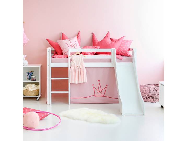 Hochbett HOPPEKIDS «Princess» , weiss (weiß, pale rose, weiß, weiß), B:81cm H:9cm L:168cm, Bett: 100% Massivholz, Nordische Kiefer;Rutsche: MDF;Vorhang: 100% Baumwolle;Matratze: PU-Schaum;Matratzenbezug: 100% Baumwolle, Hochbetten, Hochbett, Rutsche & Vorhang Rosa und viel Auswahl
