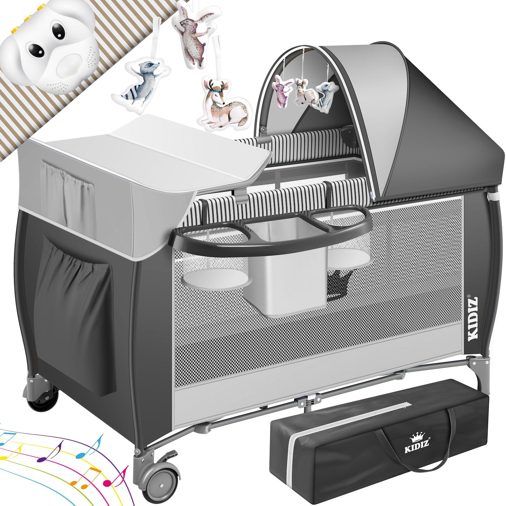 KIDIZ® Babybett Reisebett Kinderreisebett Faltbar mit Matratze 120x60, Seiteneingang, Wickelauflage, Mosktionetz, Spielbogen & Tragetasche Baby Beistellbett Kinderbett ab Geburt bis 15 kg