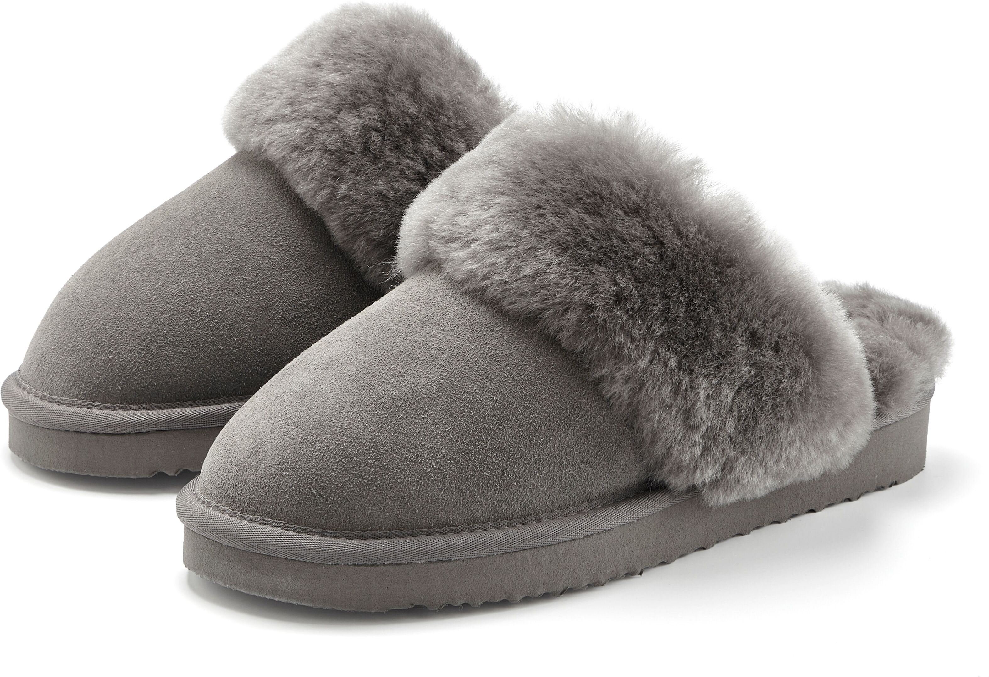 Hausschuh "Pantoffeln, Clogs, Schlappen, Pantolette", Damen, Gr. 36, Lammfell, grau, Obermaterial: 100% Rindsleder. Decksohle: 100% Lammfell. Futter: 100% Lammfell. Laufsohle: 100% Synthetik, VIVANCE DREAMS BY LASCANA, Veloursleder, unifarben, Basic, Schu