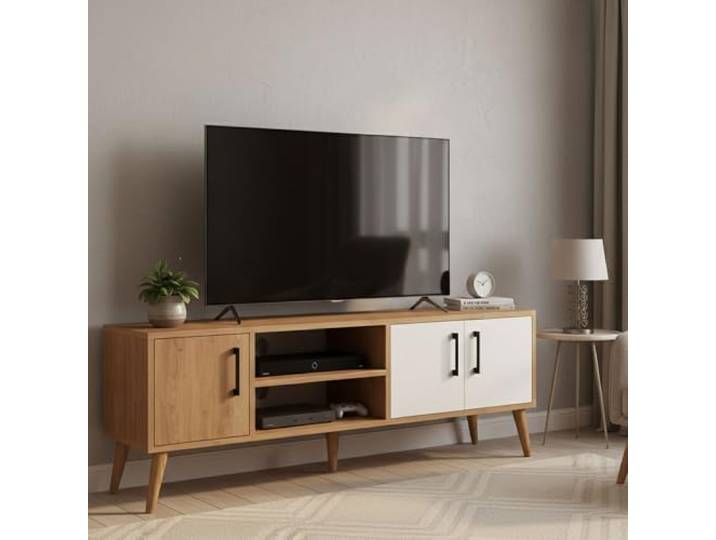 Dmora TV-Schrank Tiaki 150x34x52 cm, Braun, 1 Regal, 4 Fächer