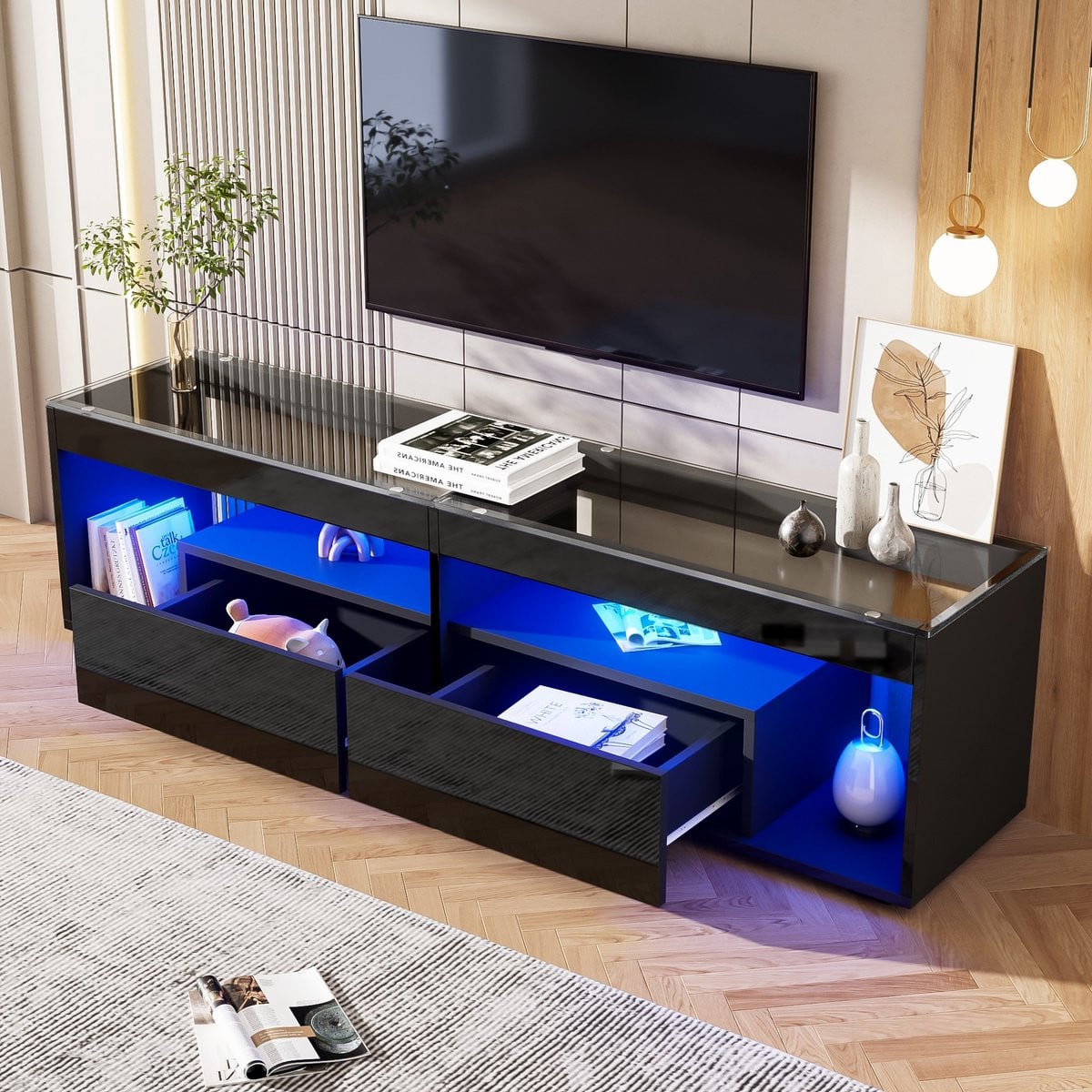Sweiko TV-meubel met LED-verlichting in hoogglans zwart met 2 lades