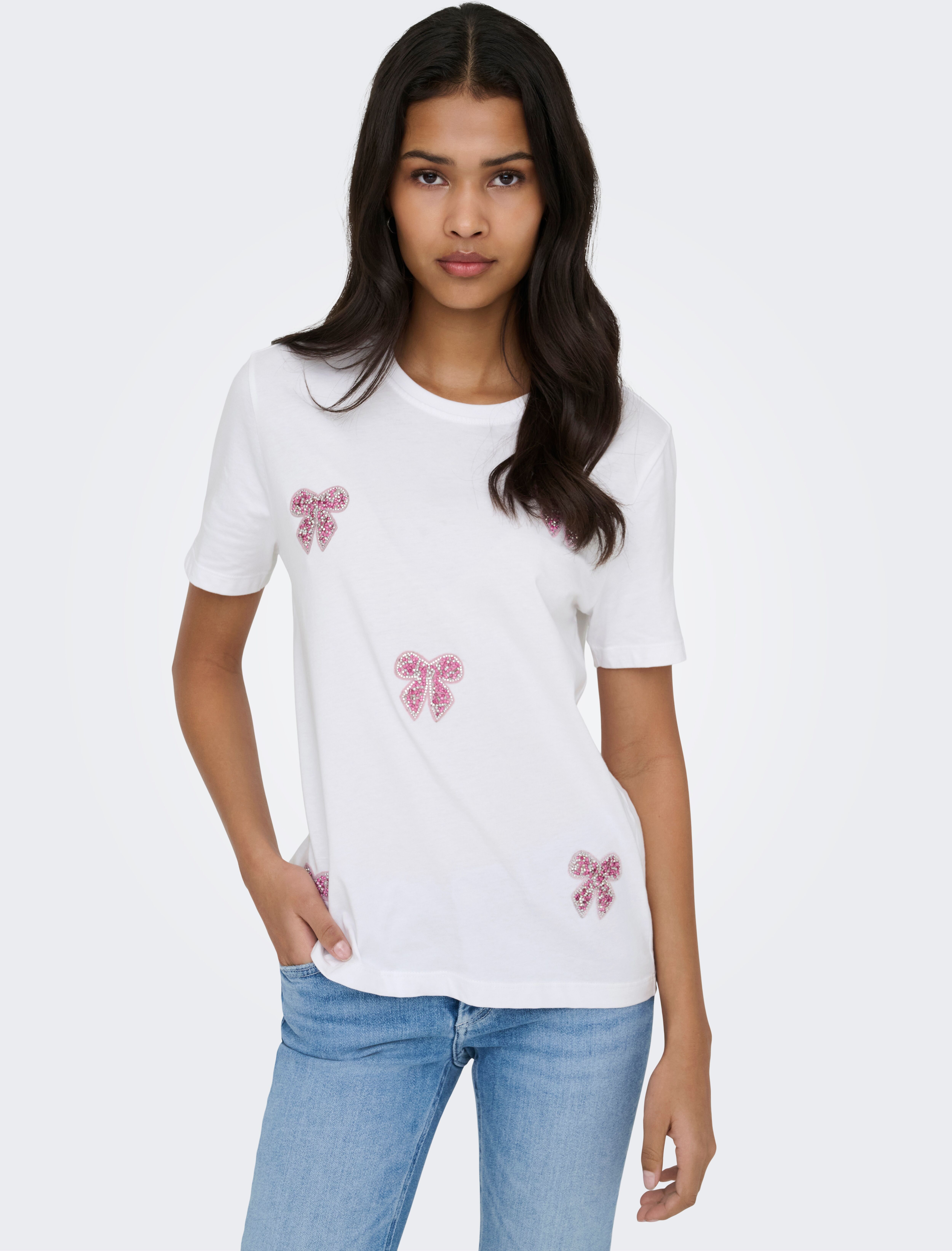 Kurzarmshirt ONLY "ONLKITA REG S/S PRINT TOP NOOS", Damen, Gr. S, weiss (hellweiß detail:rosy touch cute bows), Jersey, Obermaterial: 100% Baumwolle, bedruckt, regular fit normal, Rundhals, Shirts Kurzarmshirt hellweiß detail:rosy touch cute bows S