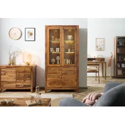 Vitrine Sheesham 100x45x200 braun lackiert ANCONA #135