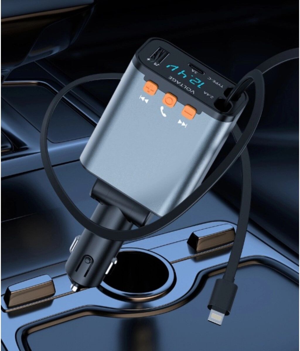 INF Bluetooth-5.0-Autoladegerät mit FM-Transmitter, 3 Ausgängen, 20 W Schnellladen und einziehbarem Doppelkabel