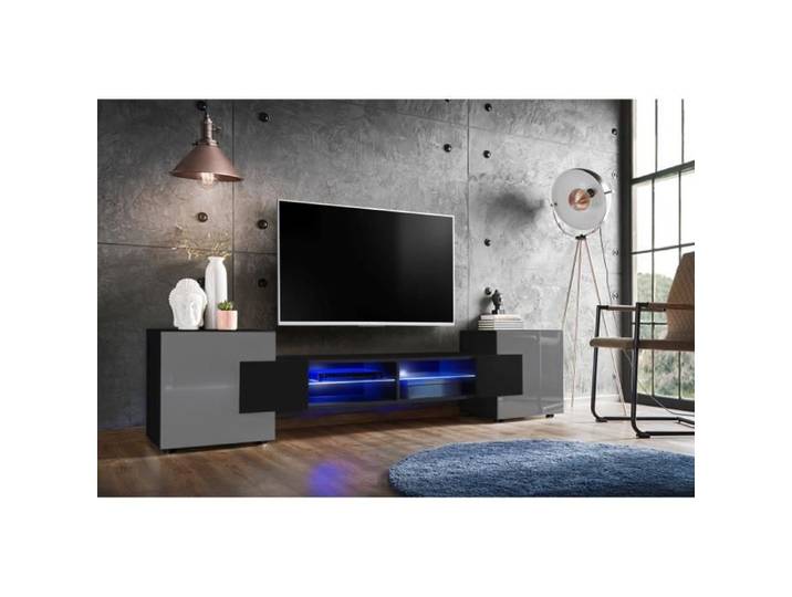 Meuble Banc TV Merano Version 2 Komodee - LED Bleues - Gris Brillant et Noir - 230 x 53 x 35 cm