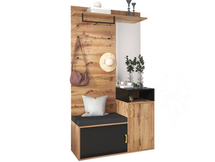 Modfu Schuhschrank aus MDF & Spanplatte 104x38.5x190cm in Schwarz mit Spiegel, 104x190x38.5 cm, Garderobe, Schuhaufbewahrung, Schuhschränke