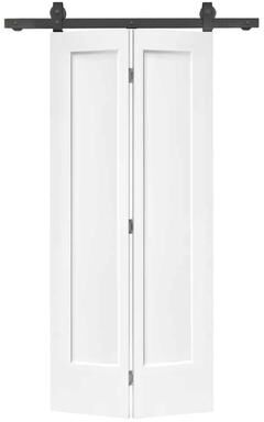 Klair Living Primed 1-Panel Shaker MDF Composite Bi-Fold Barn Door with Sliding Hardware Kit