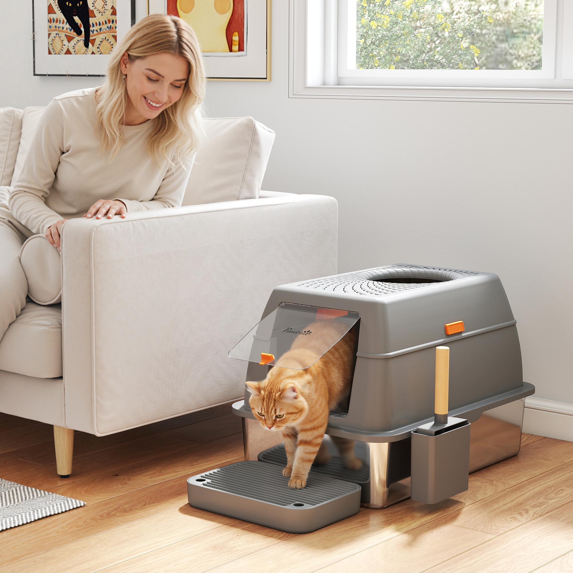 Pawhut Lettiera chiusa per gatto con coperchio inossidabile e pedana anti-dispersione, 60x40x38cm, Grigio scuro   Aosom Italy