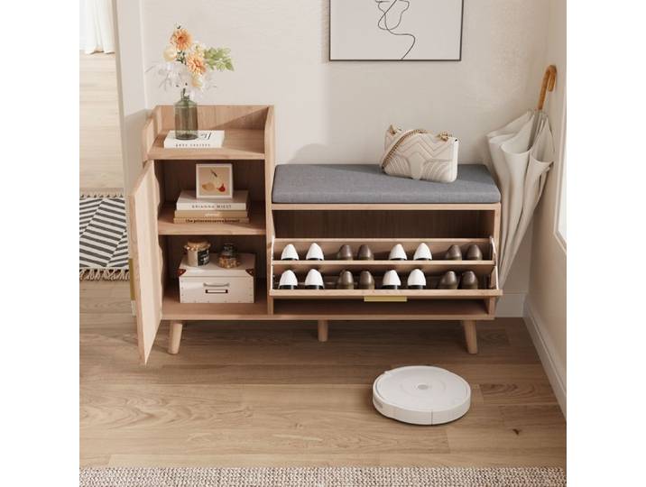 Armoire à chaussures avec banc-banc à chaussures avec assise-meuble d'entrée pour chaussures avec abattants et portes - Bois naturel