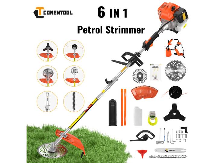 CONENTOOL 6 en 1 : Débroussailleuse à essence 52cc, Tondeuse à gazon, Taille-haie, Tronçonneuse, Moteur 2 temps 2.5KW, Outils de jardin