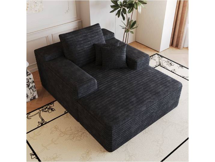 MEUBLIV Canapé méridienne compressé 1 place 159 x 115 cm velours côtelé noir mousse sans montage
