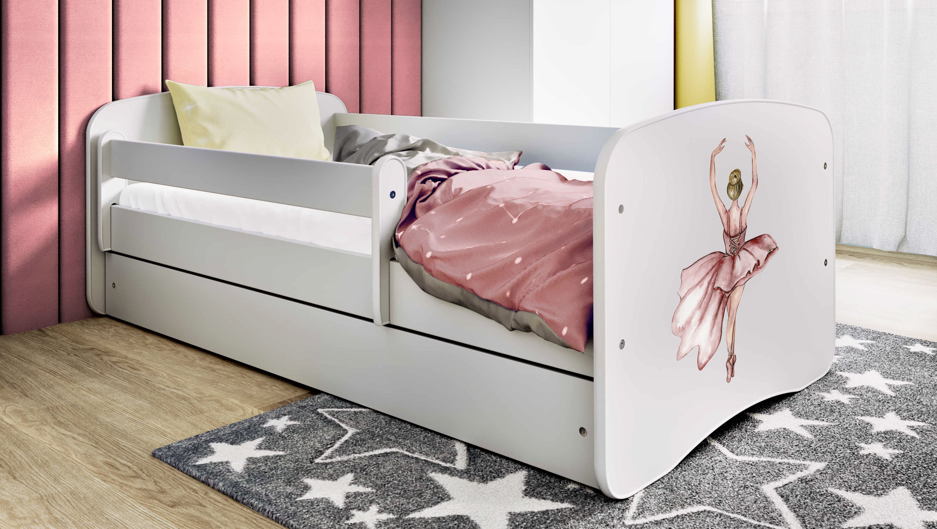 Kinderbett Jugendbett Tänzerin 70x140, 80x160, 80x180 cm - Komplettset mit Schublade & Rausfallschutz