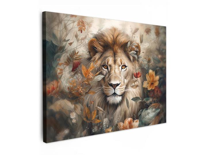MuchoWow Leinwandbild - Löwe - Wildtiere - Pflanzen - Natur - Blumen - 80x60 - Malerei, Beige, Textil, Kiefer, Abstrakt, Rechteckig, 80x60 cm, gerahmt, Bilder & Rahmen, Bilder, Wandbilder