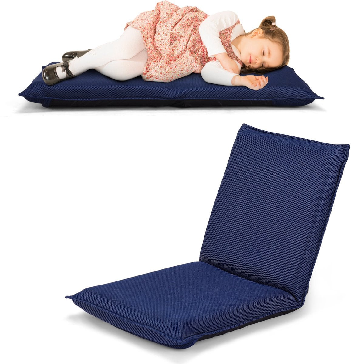 Costway Vloerstoel met 6-traps verstelbare rugleuning, gevoerde meditatiestoel en lazy sofa, Marineblauw
