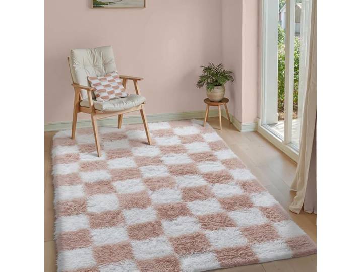 Tapis Shaggy Damier 140×200 cm - Rose et Blanc Moelleux Synthétique Antidérapant pour Salon