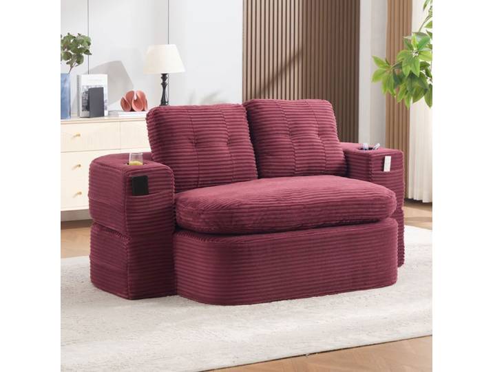 Canapé - SOGEU - Petit Canapé 113x71cm Convertible - Velours côtelé Bordeaux - Convertible 2 places - Poches latérales
