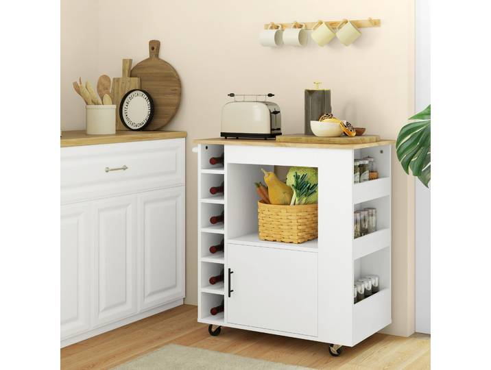 HOMCOM Chariot de cuisine, îlot de cuisine roulant, chariot de cuisine avec étagères, casiers à vin, armoire et plan de travail, Blanc