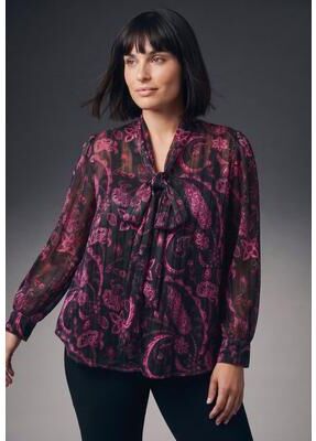 Plus Size Women's Lorissa Lurex Stripe Neck Tie Blouse by Avenue in Raspberry Filigree (Size 22/24)