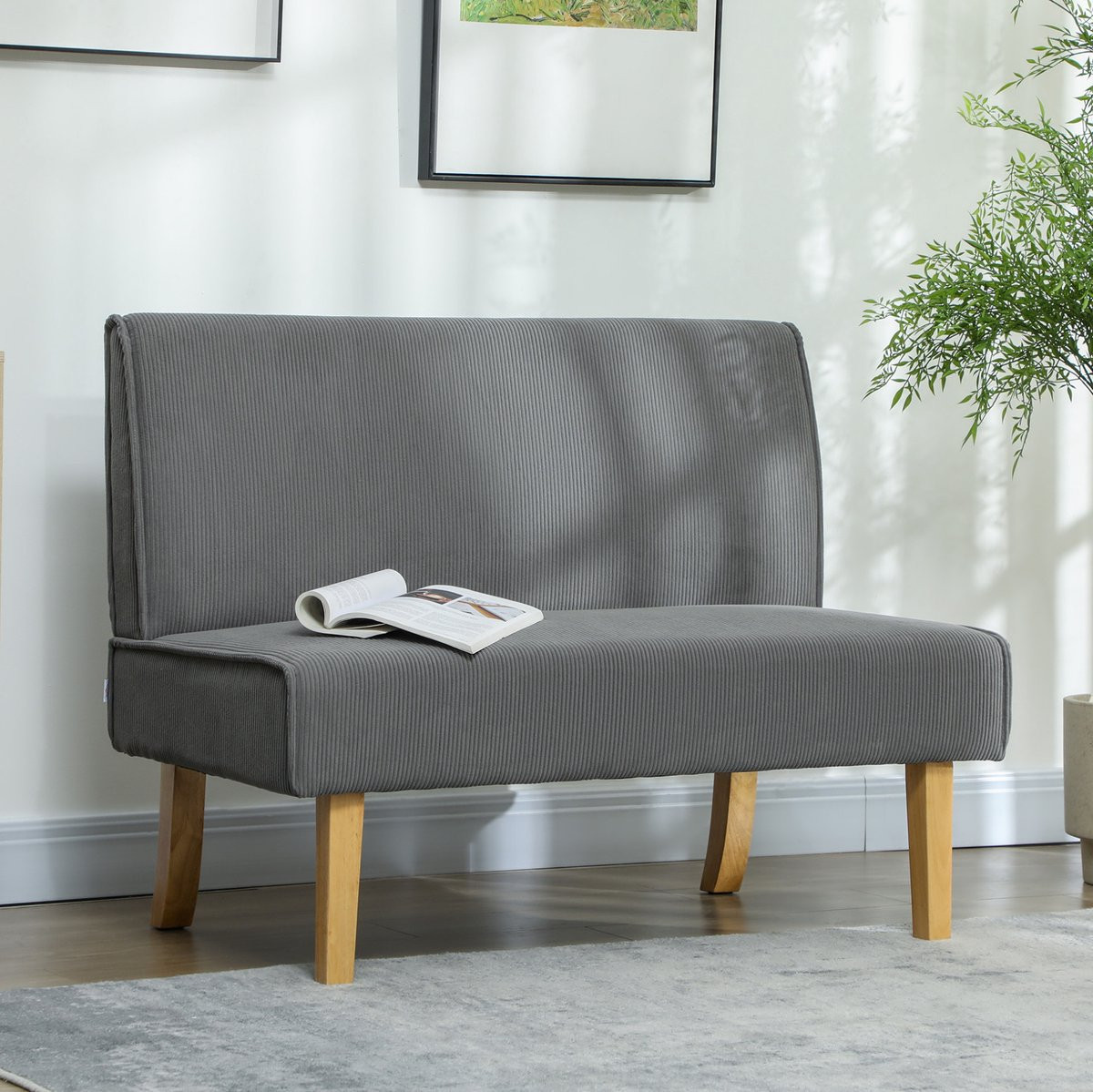 HAUSS SPOLE Zitbank - 2-Zits Armloze Sofa met Cordlook en Houten Poten - Grijs Polyester