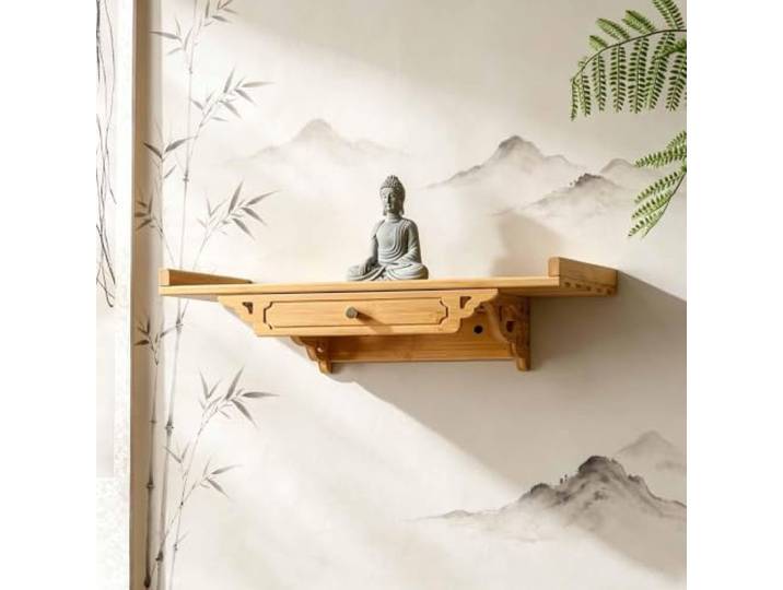 Wandmontierter Bambus Altar Schrank, Buddhistischer Hausaltar Pooja Mandir Mit Ausziehbarer Platte & Schublade, Zen Meditation Regal Für Buddha Guanyin Guan Yu Statue, Feng Shui Display Schrein