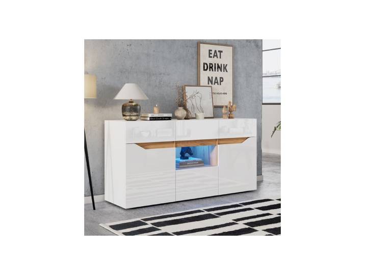 ®TONLRGY Buffet de salon 140*40*70cm 4 tiroirs meuble double compartiment avec éclairage LED couleur blanc + bois naturel