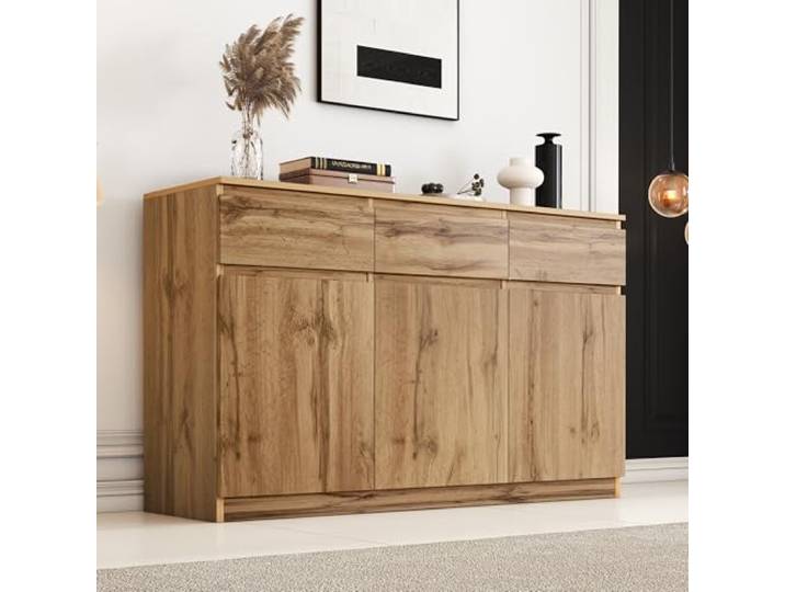 Merax Sideboard Kommode mit 3 Türen, 3 Schubladen, Moderne Buffetschrank Mehrzweckschrank mit Verstellbare Ablage, Beistellschrank für Küche, Flur, Esszimmer, Wohnzimmer, Schlafzimmer, Holzfarbe