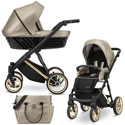Kunert, Kinderwagen, Ivento Premium 2in1 Öko-Leder Kinderwagen in Braun mit Goldrahmen