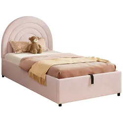 Einzelbett 90x200 mit hydraulischem Stauraum gepolstertem Kopfteil geräuschdämpfenden Polstern stabilem Lattenrahmen farbenfrohem Design Rosa