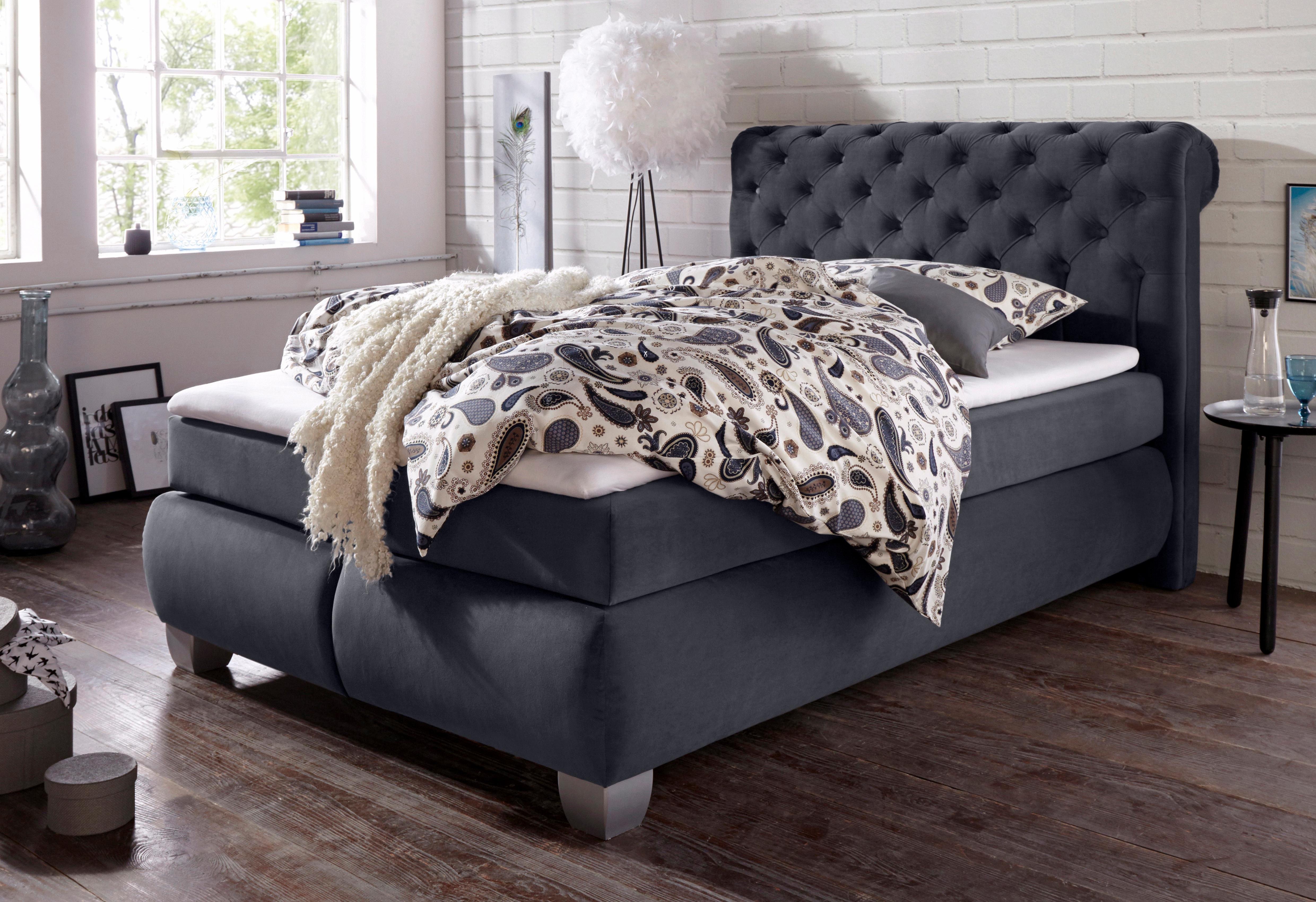 Boxspringbett HAPO, grau (anthrazit), B:154cm L:230cm, Spiegelflächen der Oberseite der Unterfederung und die Ober- und Unterseite der Obermatratze sind jeweils mit einem rutschhemmenden Stoff aus 100% Polyester bespannt.;Kopfteil, seitliche Unterbox und 