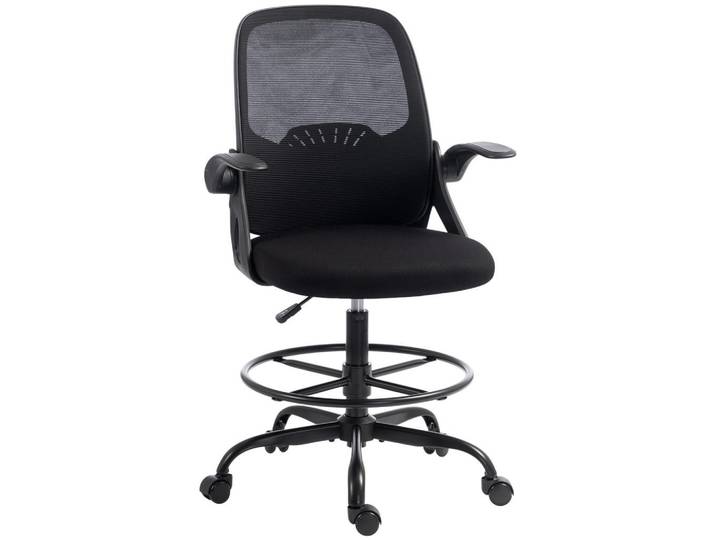 Homcom Arbeitsstuhl Netzgewebe Stahl Schwarz, Kunststoff, Füllung: Schaumstoff, 59x124x65 cm, Büromöbel, Bürostühle, Drehstühle