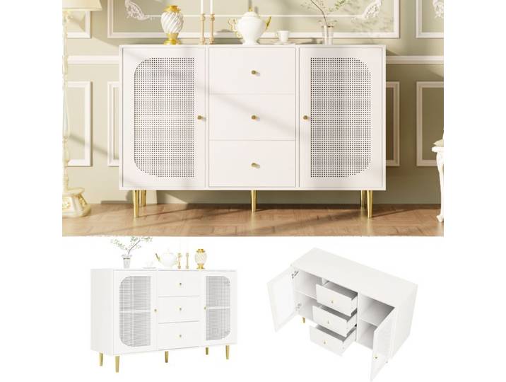 Buffet en bois avec portes en rotin - JAERLIUB - 120x40x90 cm - Blanc - Tiroirs intégrés - Compartiments multiples