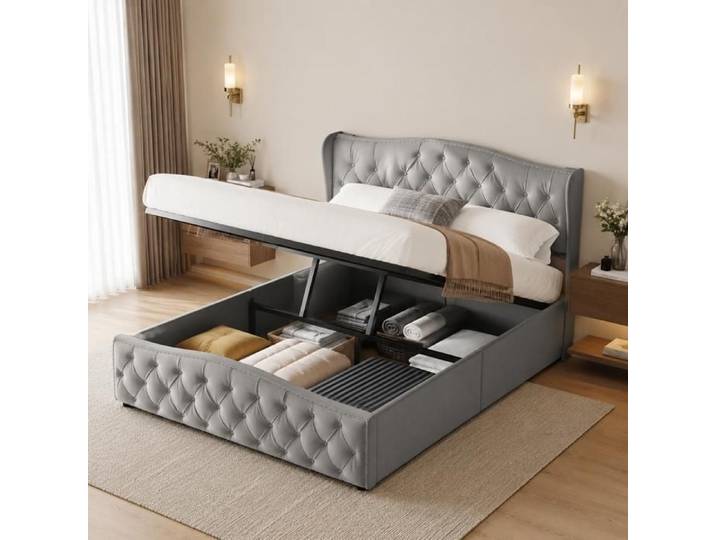 Lit adulte 140x200 cm cadre de lit à lattes lit double Lit coffre Hydraulique rangement Tissu velours