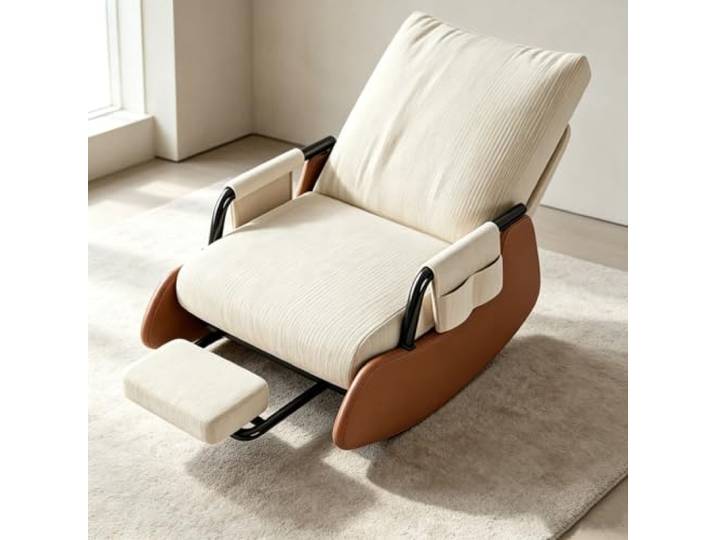 LCNDKF Schaukelsessel Modern mit Breiter 60cm Sitzfläche Kompakter Loungesessel mit herausziehbarer Fußstütze und weichen Armlehnen für Schlafzimmer.