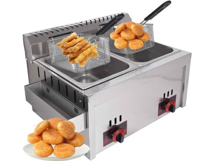 DJXLMN Professionelle Gas-Doppelzylinder-Doppelkorb-Fritteuse mit Knopfsteuerung, hohe Heizleistung, multifunktionale kommerzielle Fritteuse, 10 l x 2 Kapazität