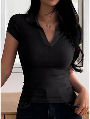 Uplifted Finds Womens Summer Color Block V Neck Polo Shirt xl black