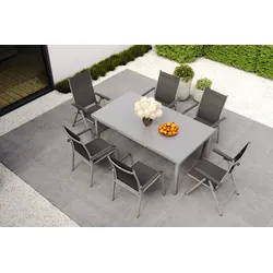 KETTLER BasicPlus Garten-Essgruppe, silber, Alu/Textilene, Tisch 180/240x100cm, 4 Stapel-, 2 Klappstühle