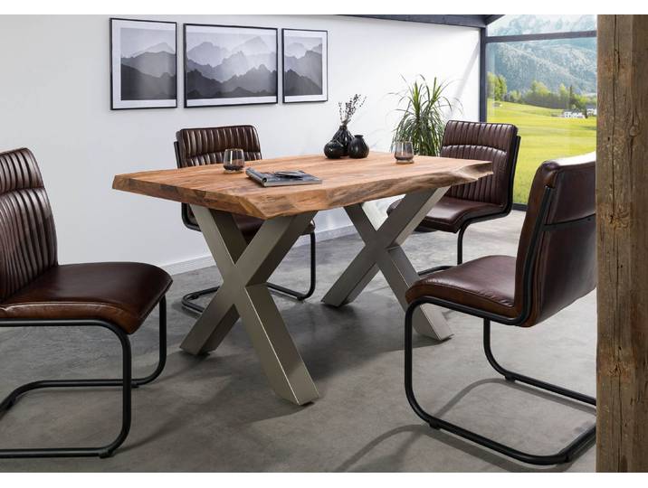 Baumtisch Sheesham 140x90x77 natur gebeizt / X-Beine silber matt FREEFORM 5