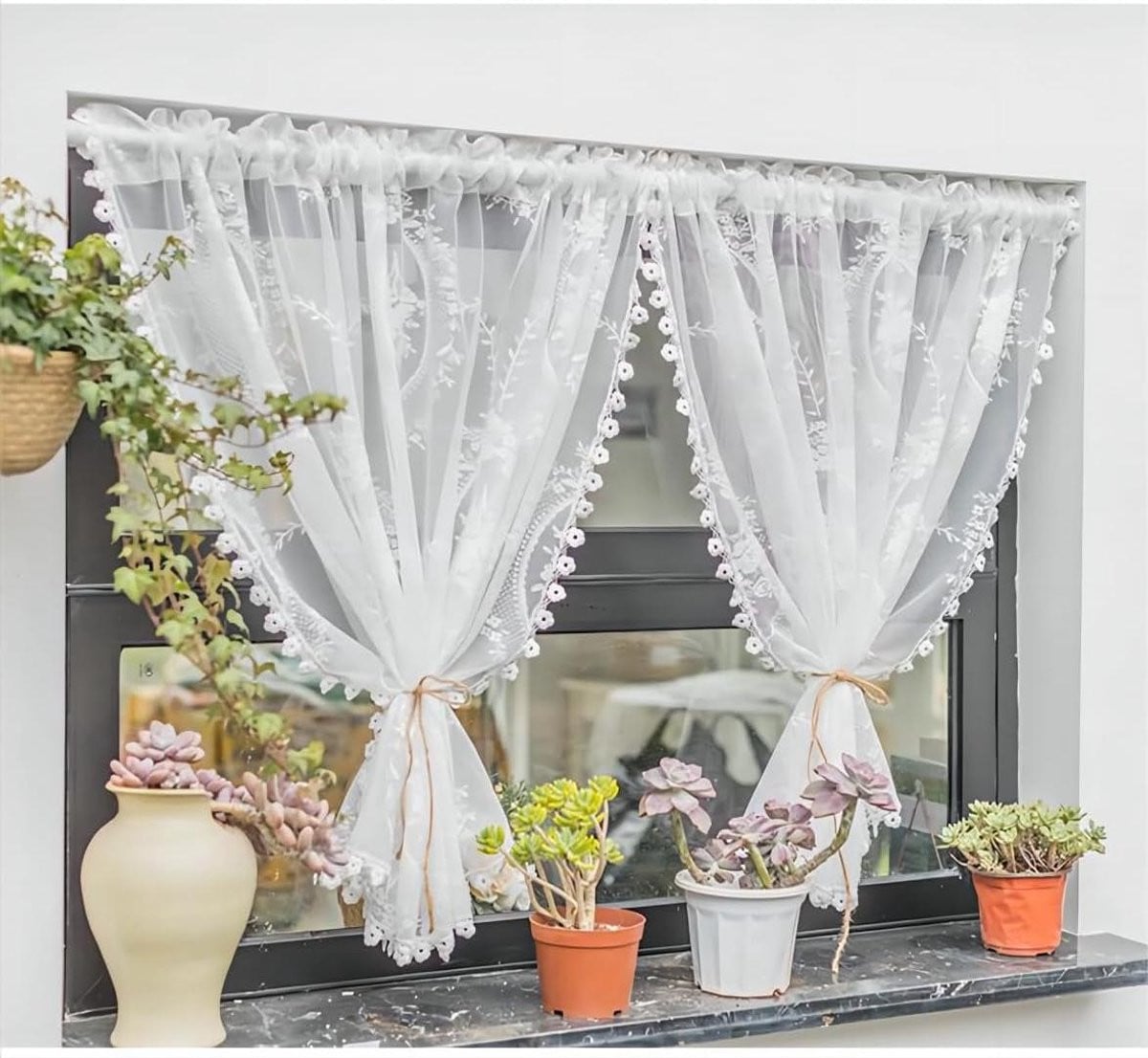 Wit Vintage Bistrogordijn van Kant voor Keuken Decoratie - 45 x 140 cm