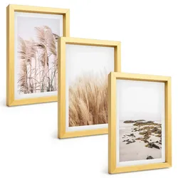 BILDER SET 3er Set - 20x30 cm Goldrahmen - Pampasgrasfelder und ein Boho-Strand