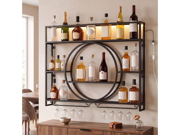 HOMCOM Porte-bouteilles Mural LED Noir avec Porte-verres et Étagères