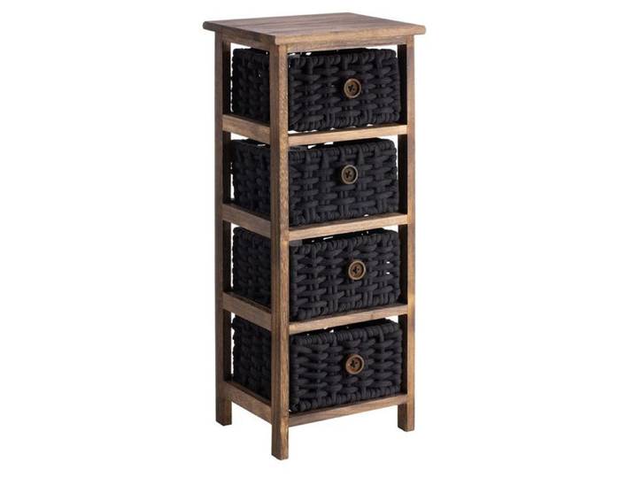 Chiffonnier PLUTO petite commode de nuit en bois de paulownia brun foncé avec 4 paniers en coton tressé noir