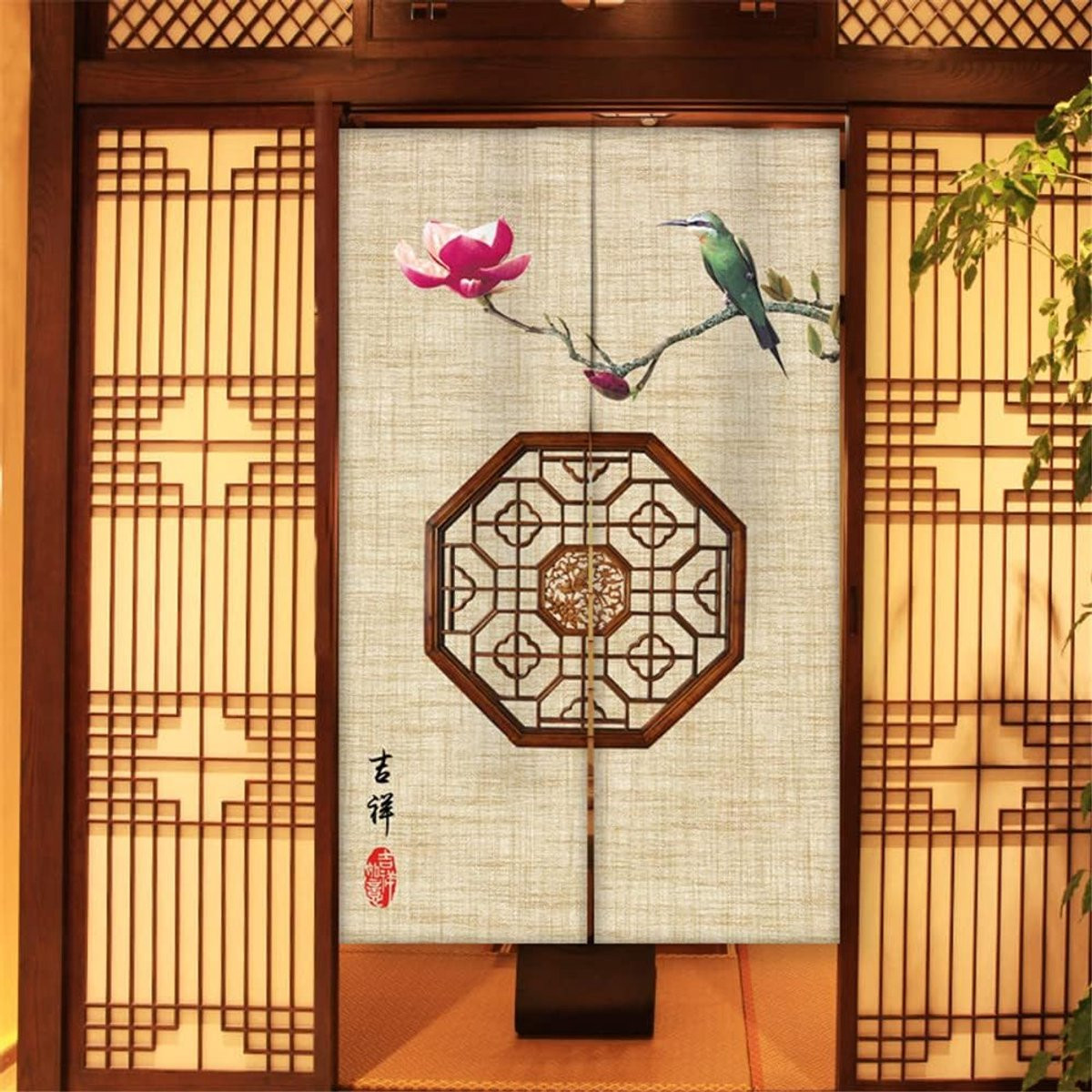 Japans Deurgordijn met Digitale Print van Bloemen en Vogels - Paneelgordijn Wandkleed - 85 x 180 cm