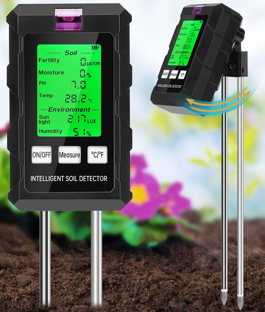 6-in-1 Bodemtester voor Tuin en Gazon met pH, Vocht, Temperatuur, Licht en Voedingsstoffen - Zwart