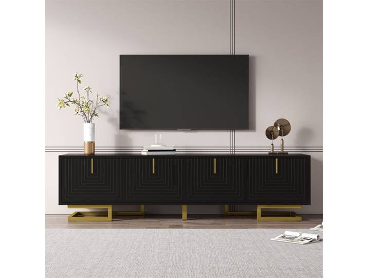 Meuble TV - MODERNLUXE - 160x38x44.5 cm - 4 portes - Pieds dorés - Noir
