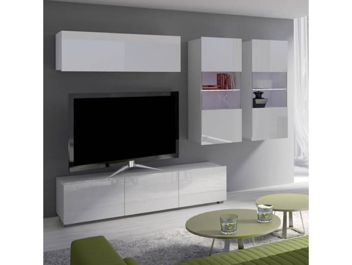Lomadox Wohnwand Anbauwand weiß Hochglanz 4-teilig Modern, mit 1 TV-Lowboard, 1 Hängeschrank, 2 Hängevitrinen mit Beleuchtung