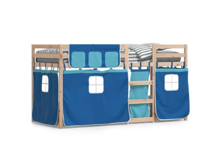 PUGYNBK Etagenbett aus Kiefernholz, Blau, 90 x 190 cm, mit Geländern Leiter inklusive, Vorhänge für geheime Basis, Wandbefestigung, Kindergebrauch