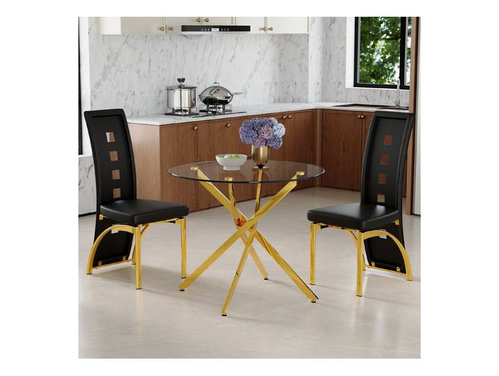 Fine Life Pro Essgruppe Tisch-Set, Glastisch, 2 schwarze PU-Stühle, Lochmuster, 88 cm, geometrisch, minimalistisch, Essbereich