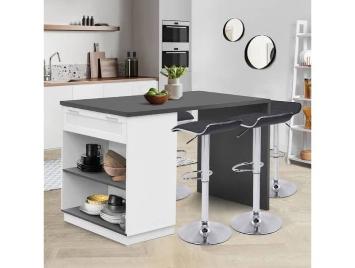 IDMARKET Ilot central mange-debout 4 personnes VITO 130 cm blanc et plateau gris