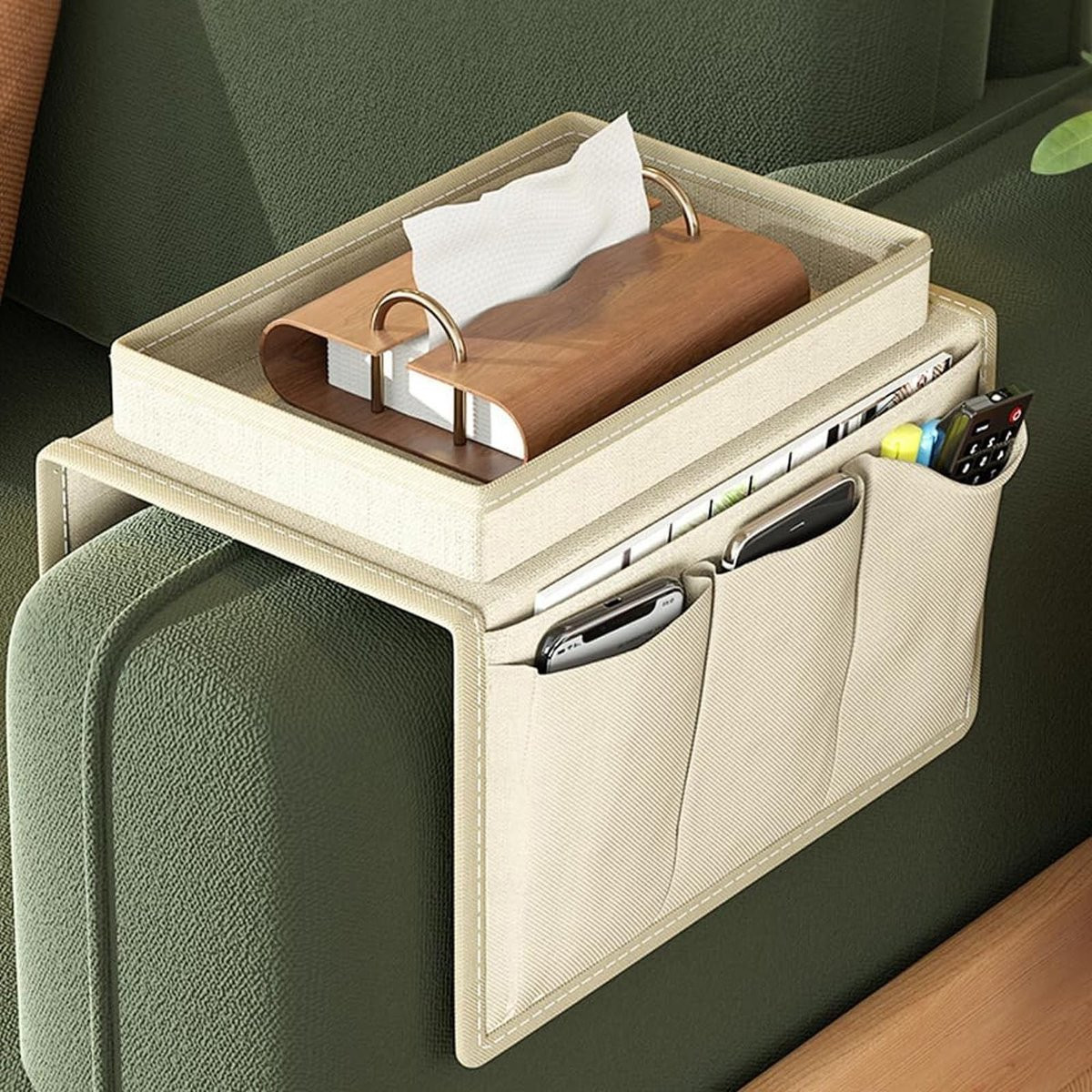 Dailygoods Multifunctionele Sofa Armleuning Organizer met Vakken en Antislip - Beige