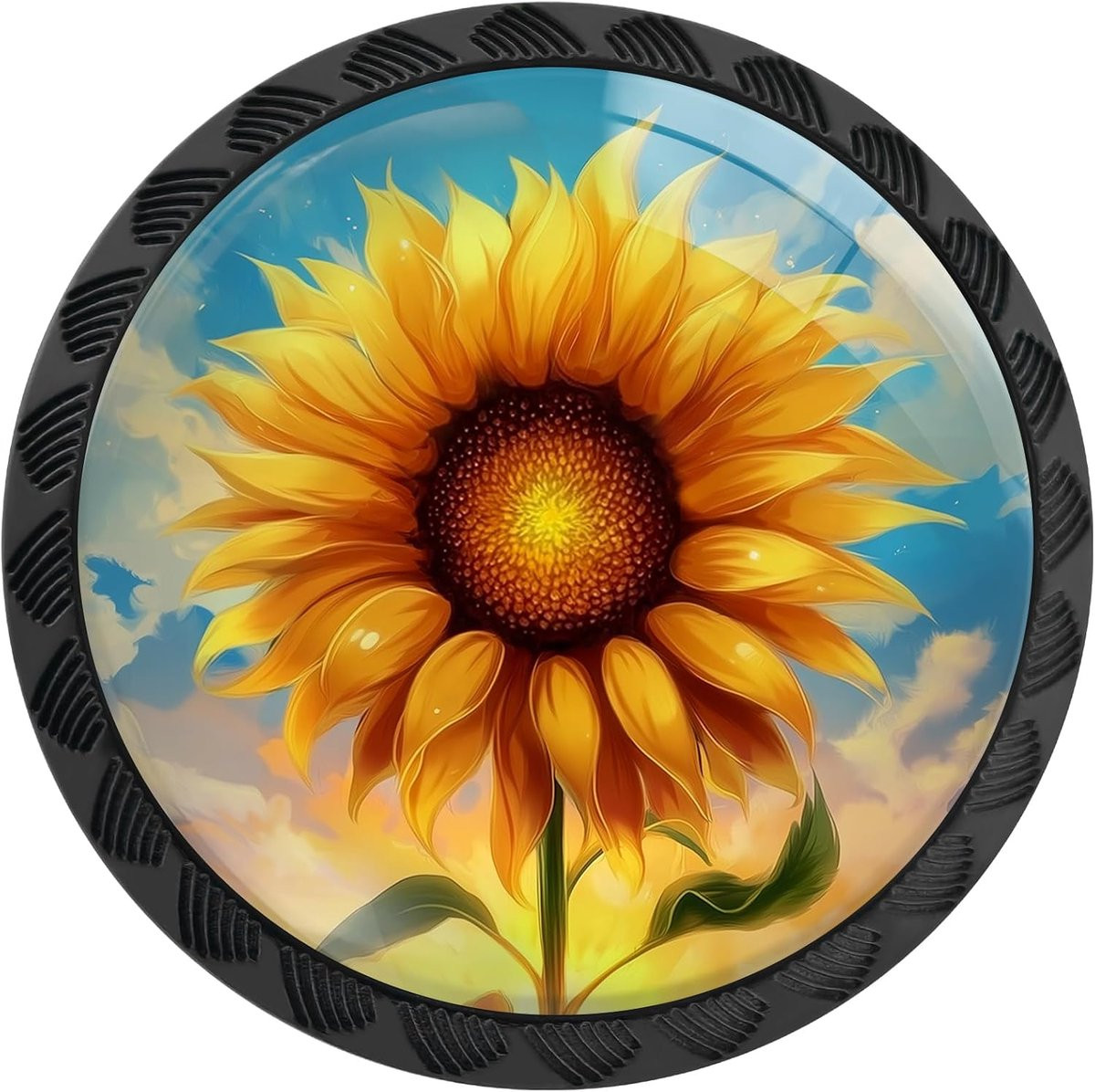 Set van 4 ronde kastknoppen met zonnebloem motief in het zwart voor keuken, badkamer en meubels